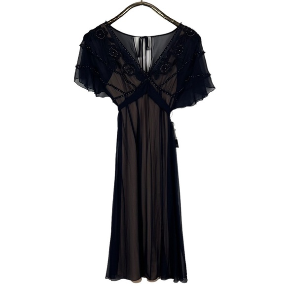 ADRIANNA PAPELL SHEER FLUTTER SLEEVE V NECK BEAD EMBROIDERED COCKTAIL DRESS - Picture 3 of 13
